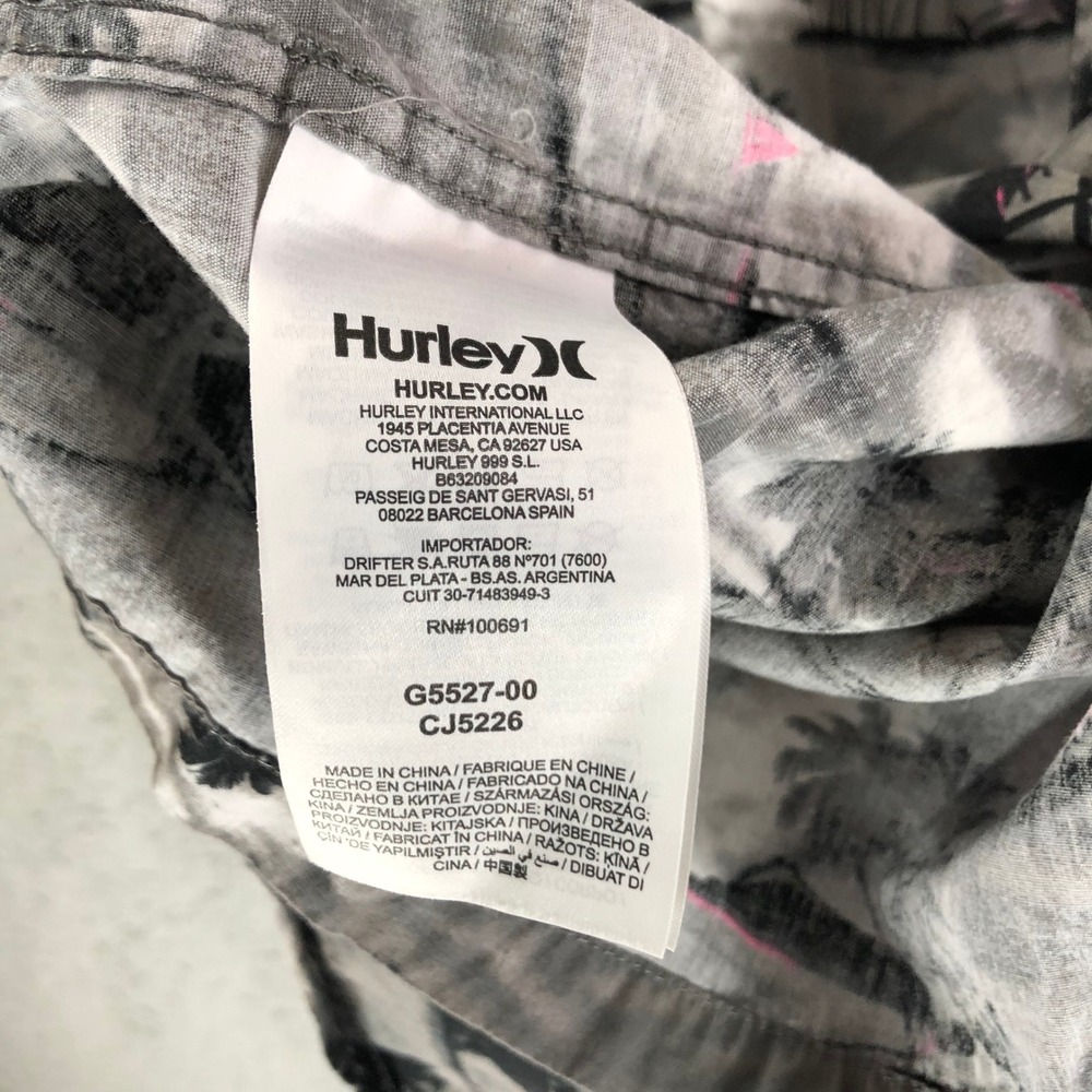 Hurley Mens Short Sleeve Button Down Shirt Gray Pink Tropical Island Palm Tree M - Picture 9 of 10